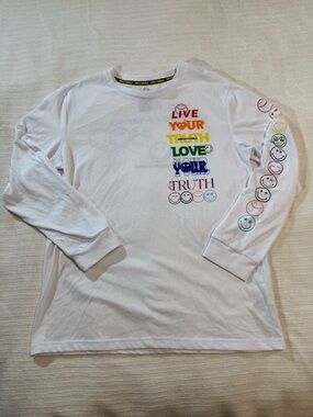 White Long-Sleeve Graphic Tee with Rainbow Text and Smiley Icons